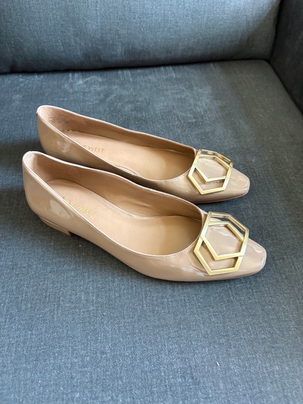 Nine West Beige Patent Leather Low Heel Flats with Gold Geometric Accent - Picture 2 of 8